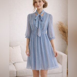 Blue Polka Dot Sheer Chiffon Tie neck A Line with Smoked Waist